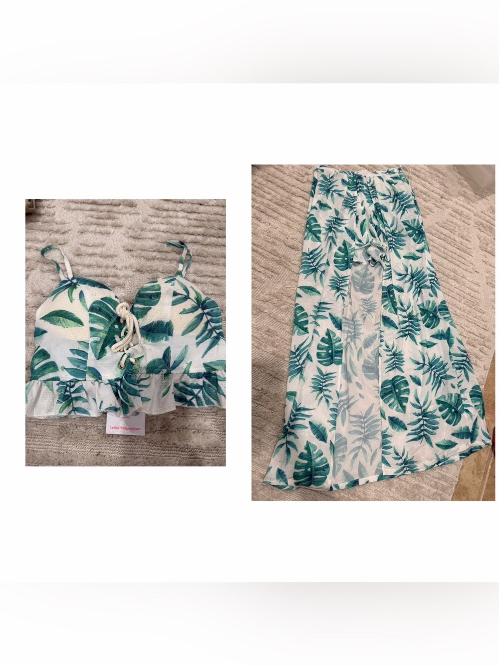 Leaf-Print Two-Piece Women’s Skirt Set in Teal Green